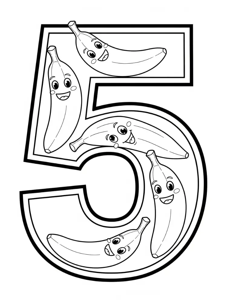 Cijfer Kleurplaat 25 cijfer 5 bananen vrolijk kleurplaat