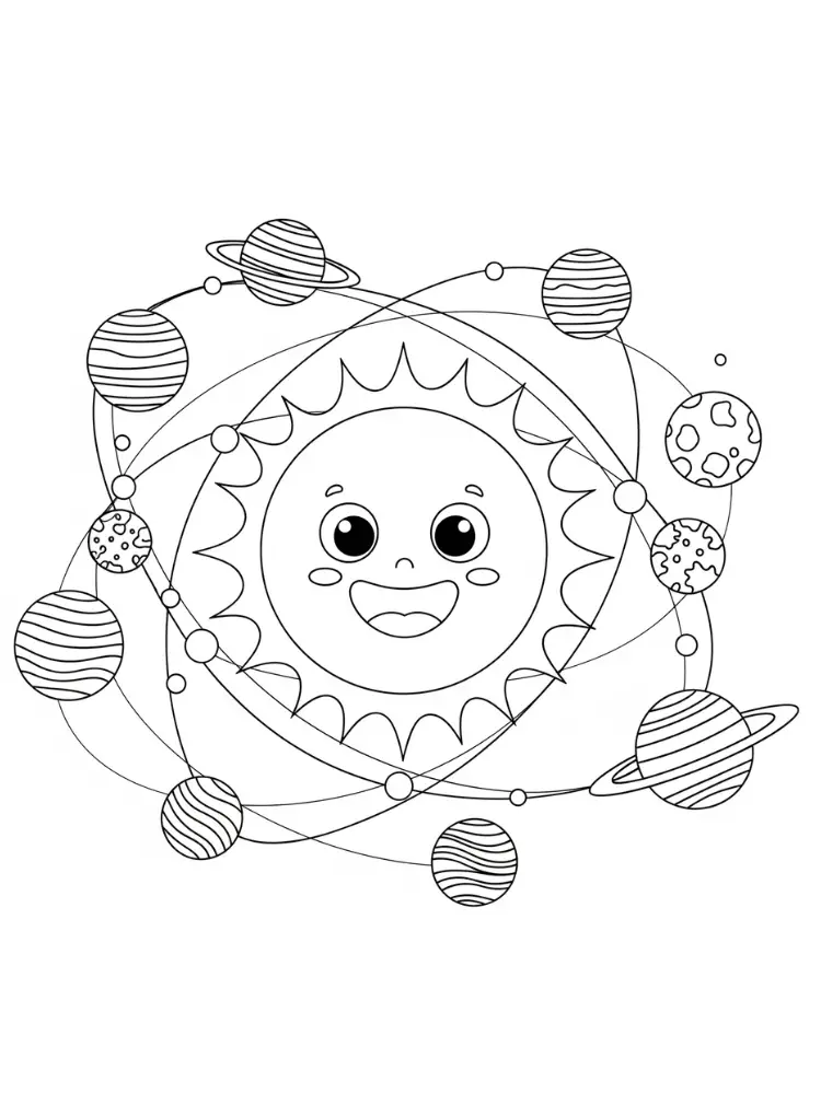 Kleurplaat Planeten 8 dansende zon en planeten kleurplaat