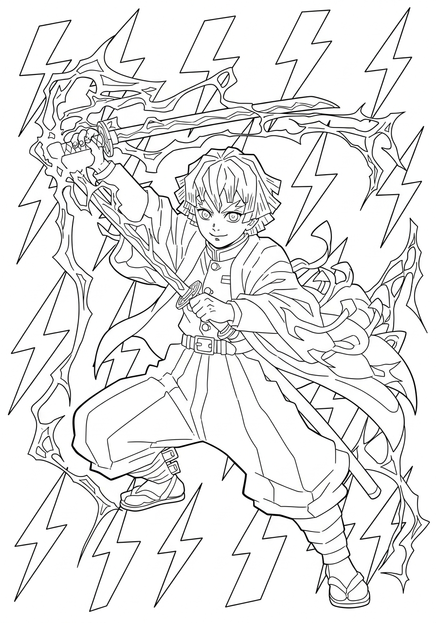Kleurplaat Zenitsu 9 donderadem actie kleurplaat