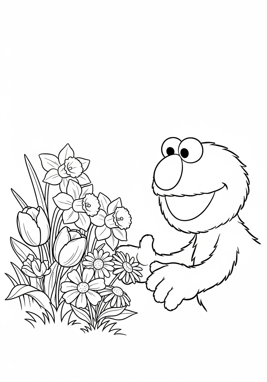 Kleurplaat Elmo 23 elmo bekijkt bloemen kleurplaat