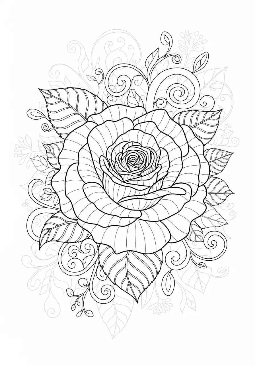 fantasie roos met bladeren kleurplaat