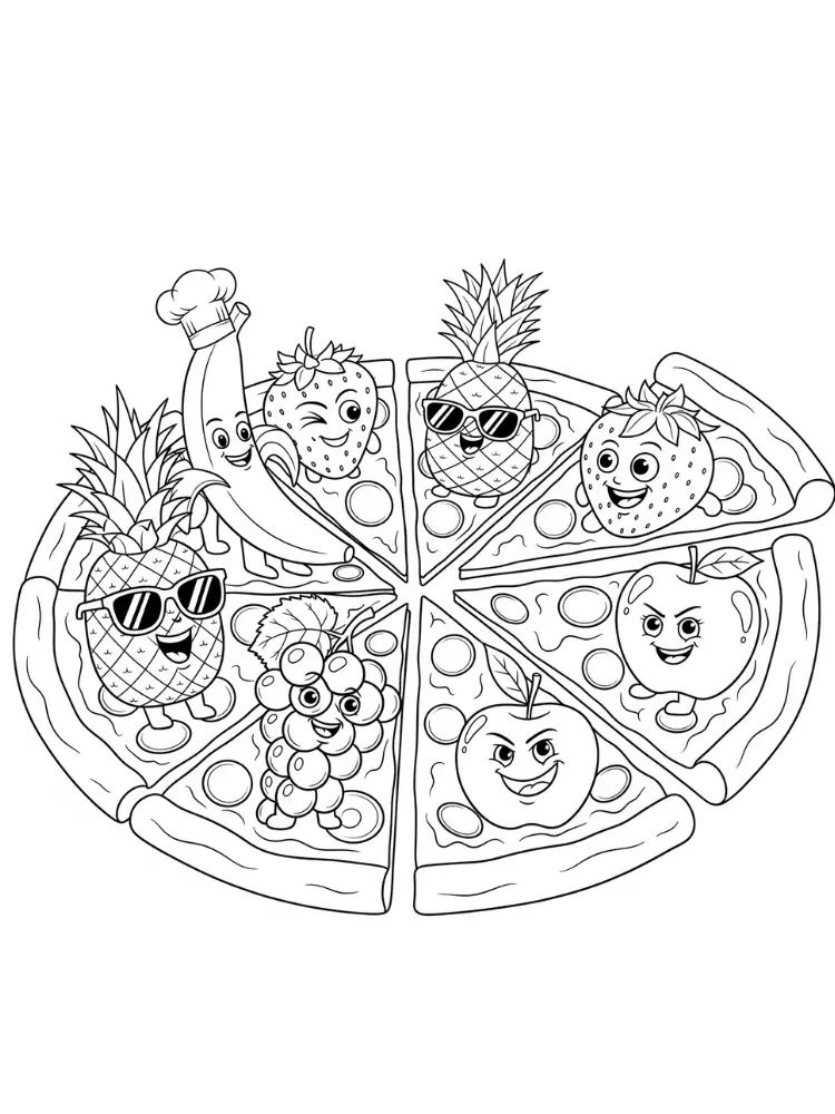 kleurplaat Pizza 8 fruit op pizzapunten kleurplaat