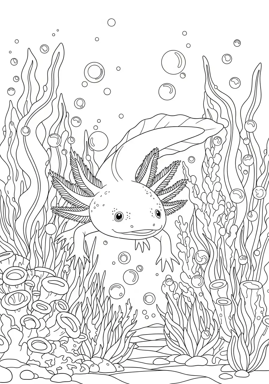 gedetailleerde axolotl onderwater bellen kleurplaat