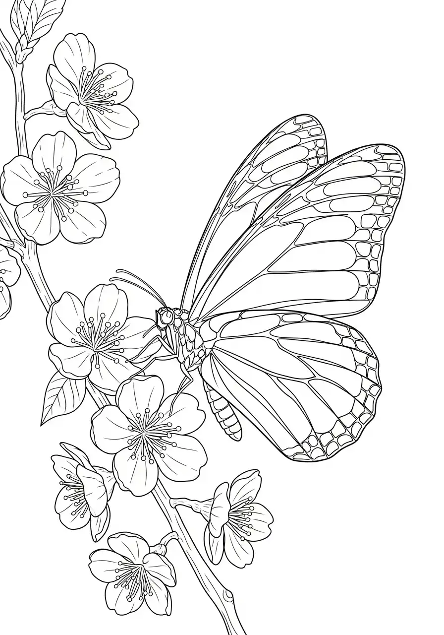 gedetailleerde vlinder op kersenbloesem kleurplaat