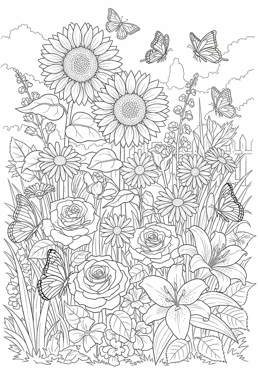 grote zonnebloemen en vlinders kleurplaat