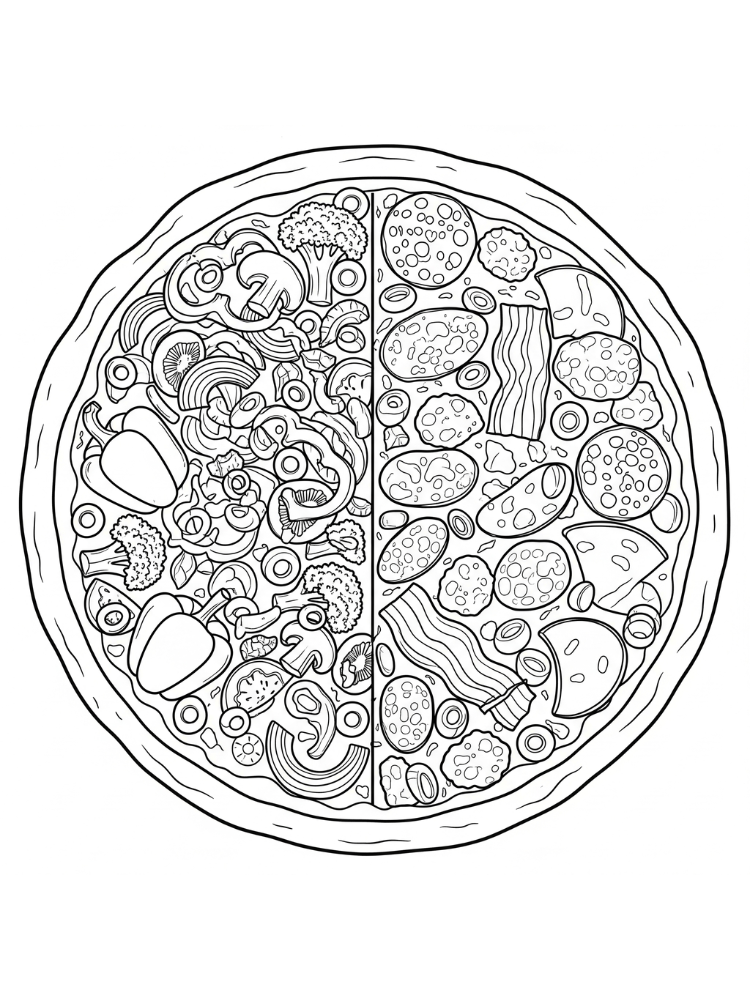 kleurplaat Pizza 10 halve groente en vlees pizza kleurplaat