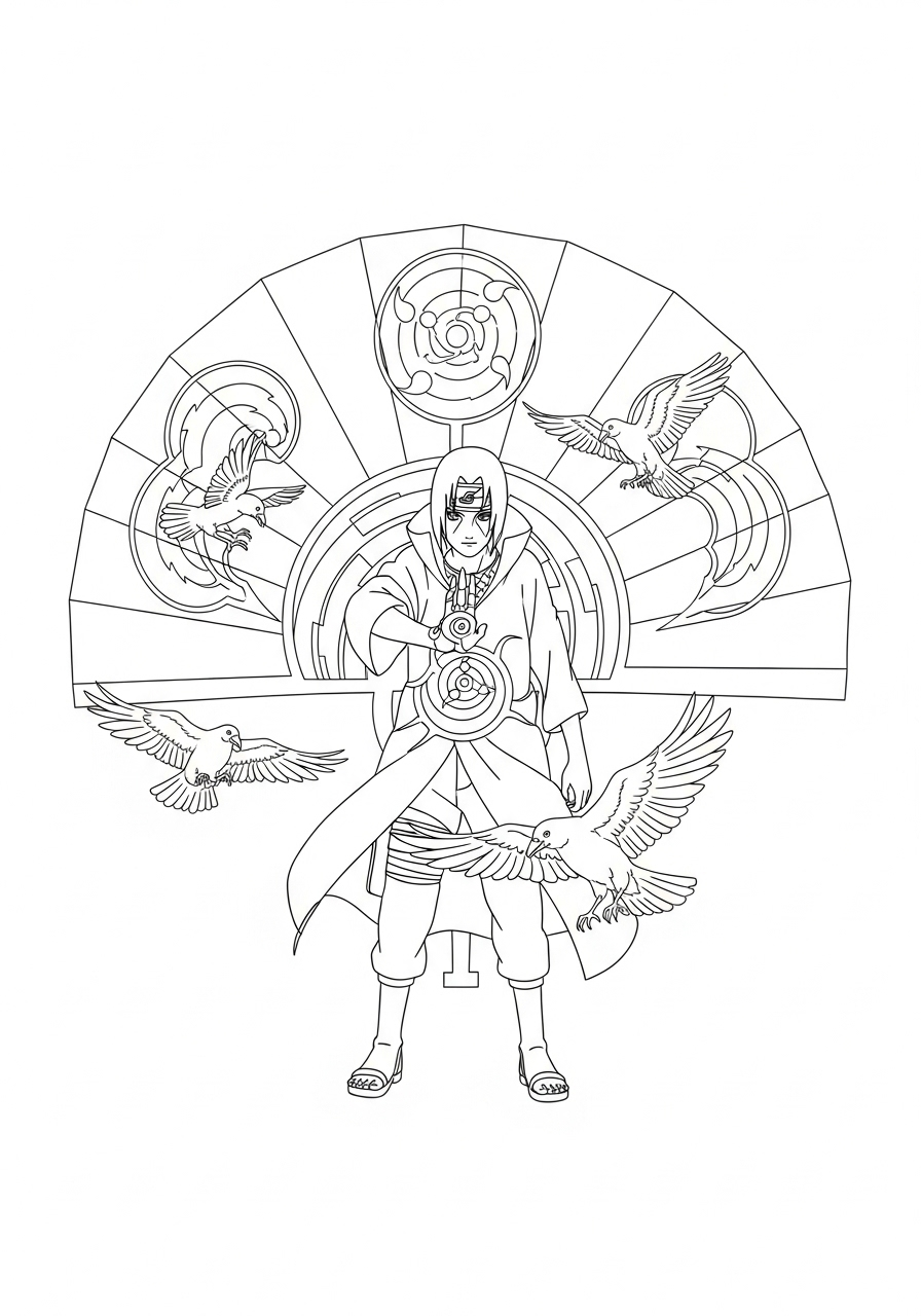 Itachi kleurplaat 17 itachi met duiven en symbool achtergrond kleurplaat
