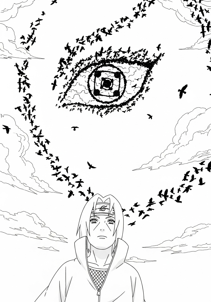 Itachi kleurplaat 15 itachi met kraaien en sharingan in de lucht kleurplaat
