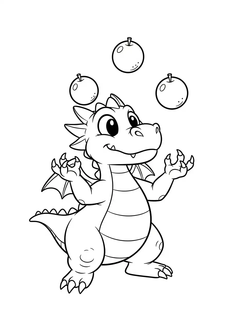 Draak kleurplaat 10 jonglerend draakje met appels kleurplaat