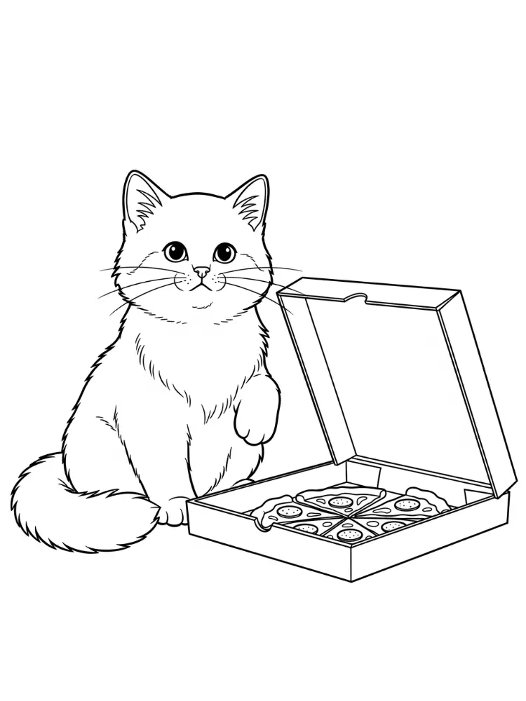 kleurplaat Pizza 12 kat met pizzadoos kleurplaat