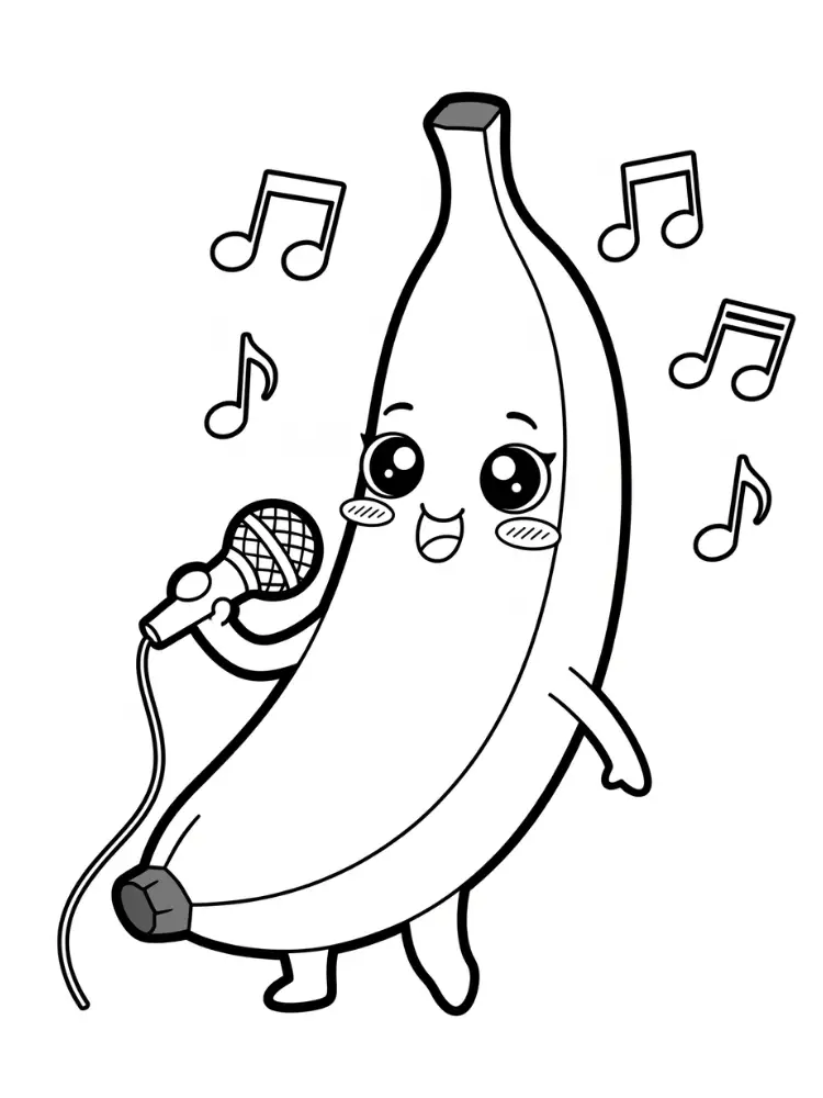 Kawaii Eten Kleurplaten 8 kawaii banaan met microfoon en noten kleurplaat