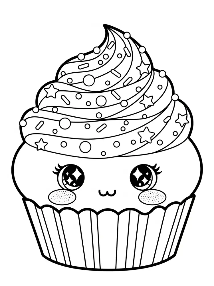Kawaii Eten Kleurplaten 11 kawaii cupcake met sterren en confetti kleurplaat