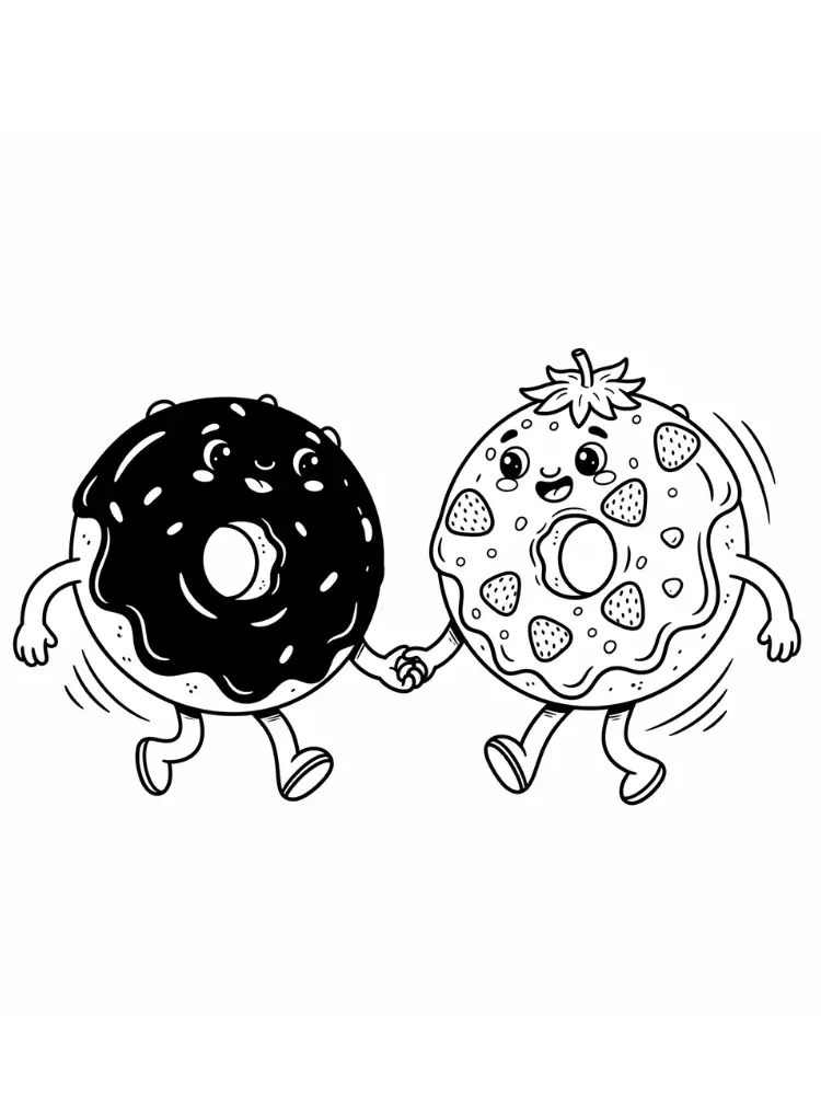 Kawaii Eten Kleurplaten 12 kawaii donuts met chocolade en aardbei kleurplaat