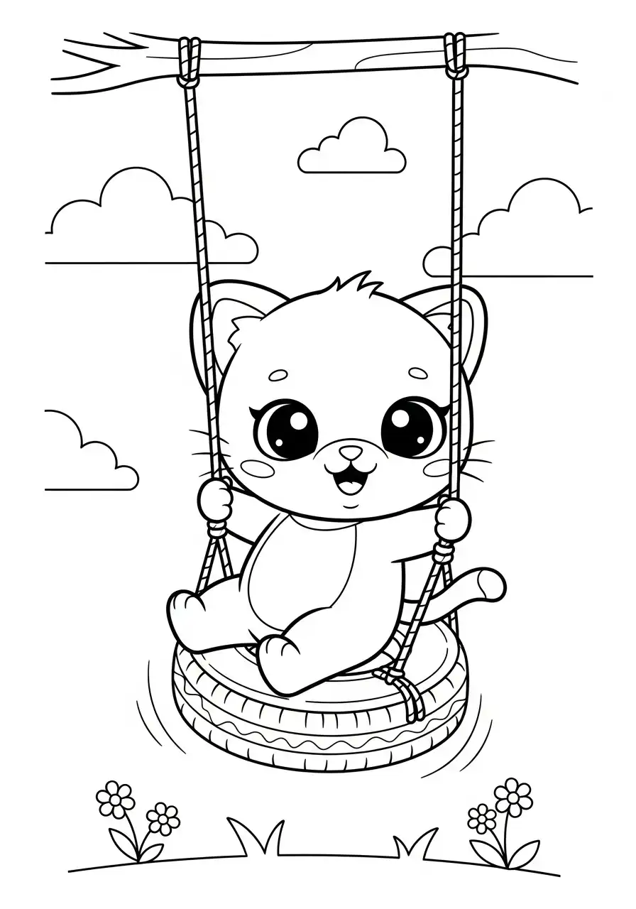 Kleurplaat Kawaii 10 kawaii kat bandenschommel natuur kleurplaat