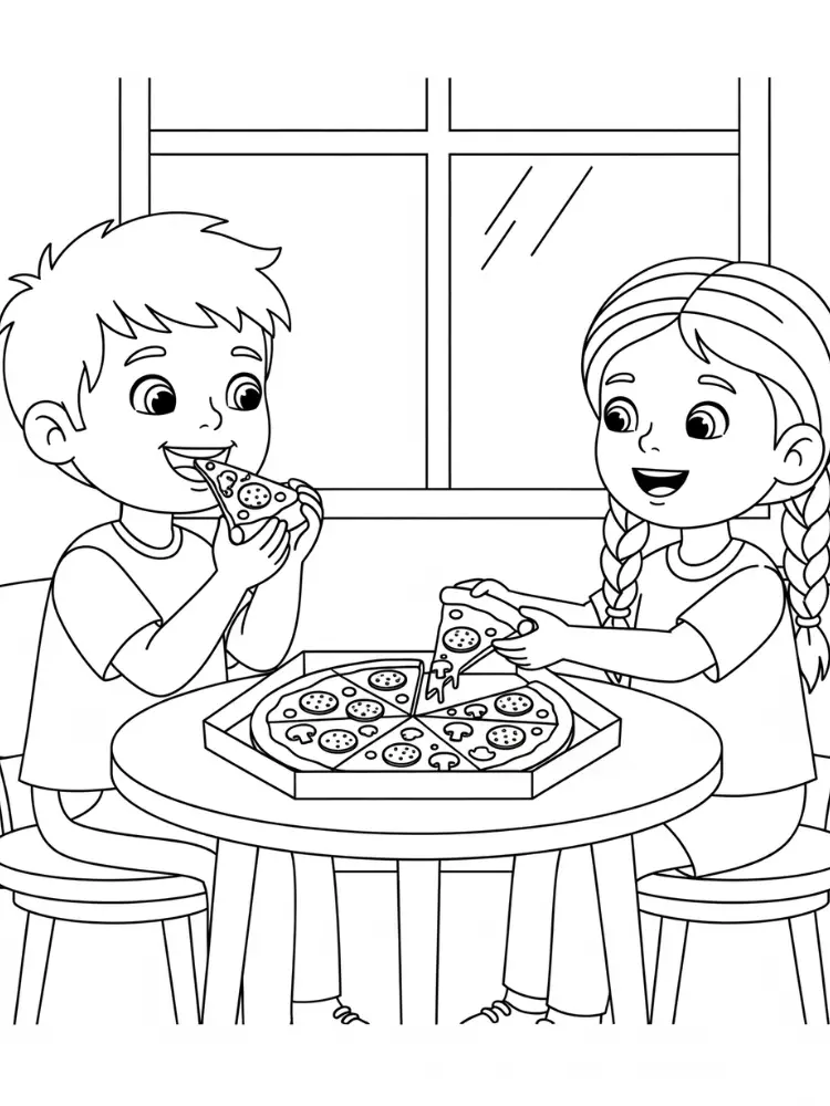 kleurplaat Pizza 25 kinderen eten samen pizza kleurplaat