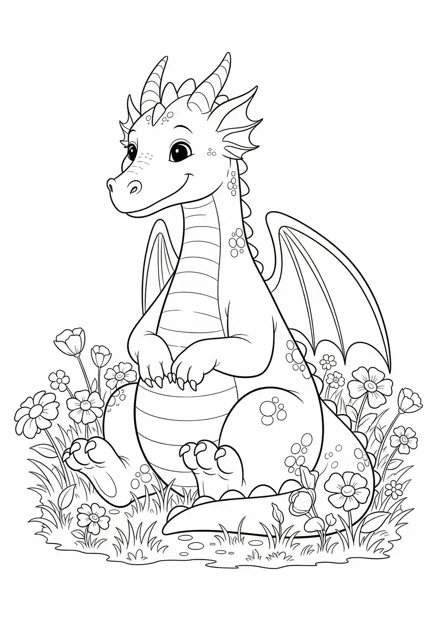 Draak kleurplaat 8 lief draakje in bloementuin kleurplaat