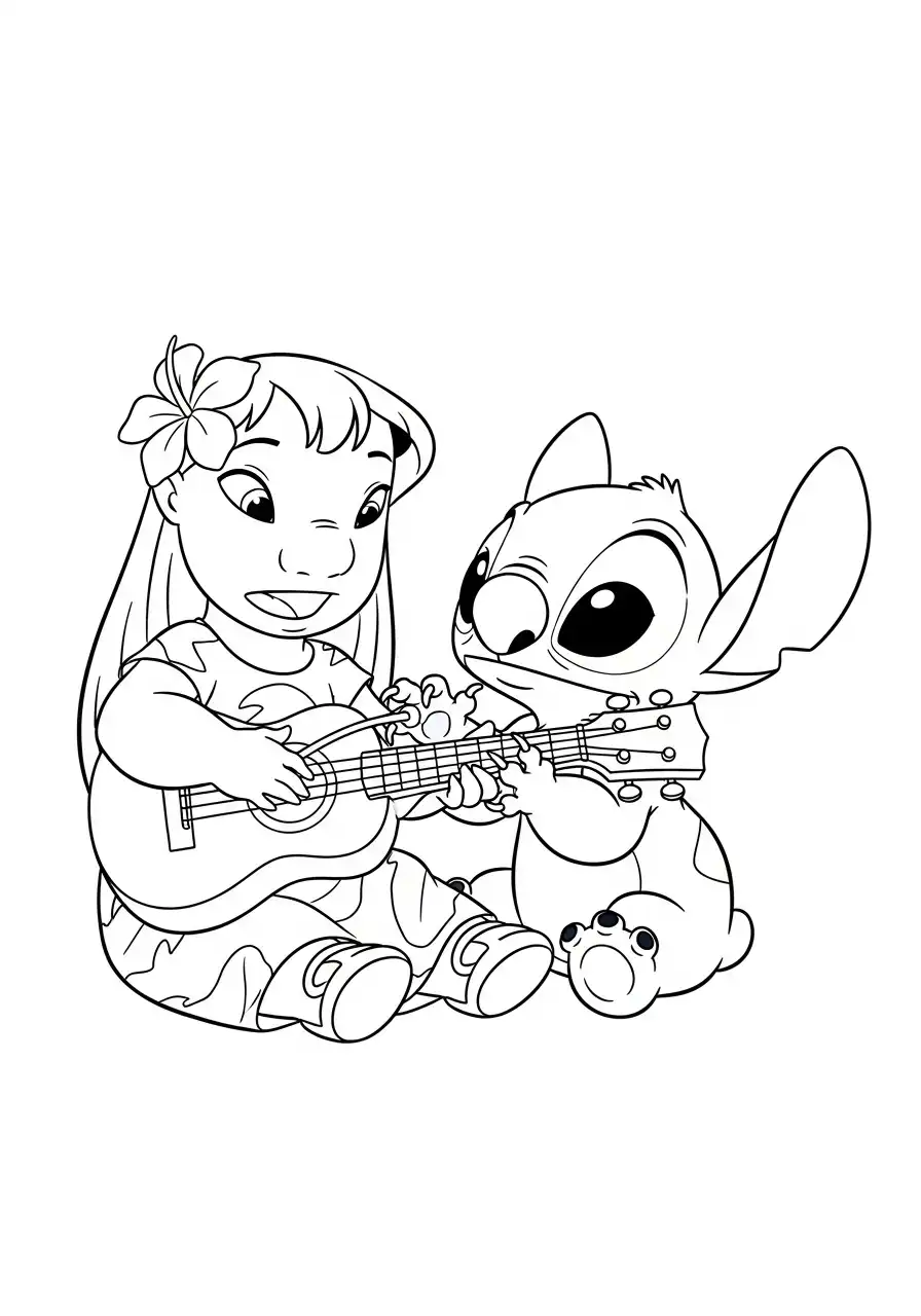lilo en stitch spelen ukulele kleurplaat