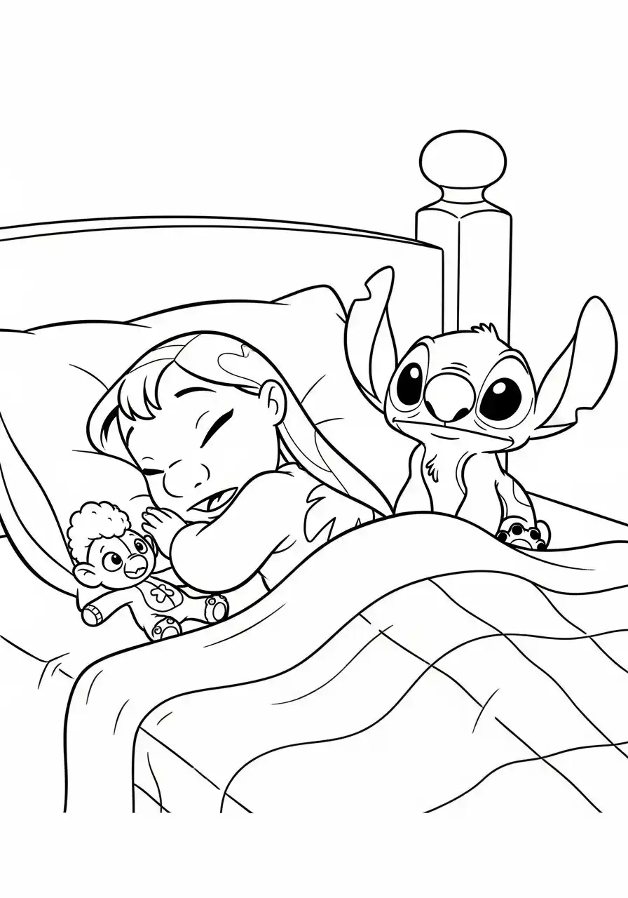 lilo slaapt stitch bedwacht kleurplaat