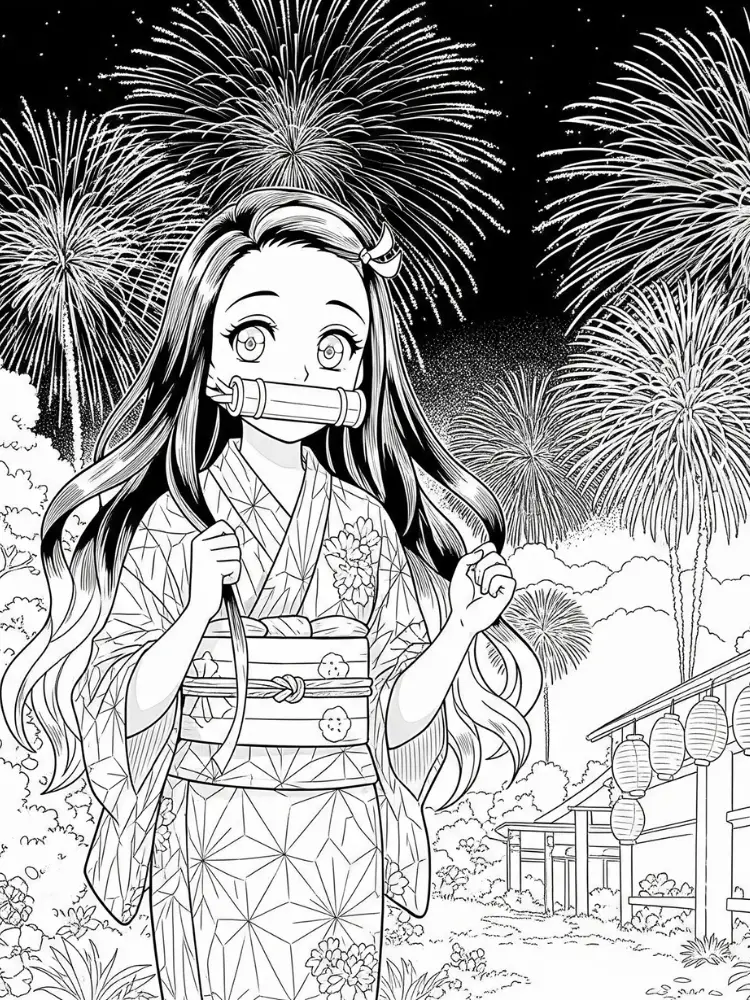 Kleurplaat Nezuko 16 nezuko met vuurwerk in de lucht kleurplaat