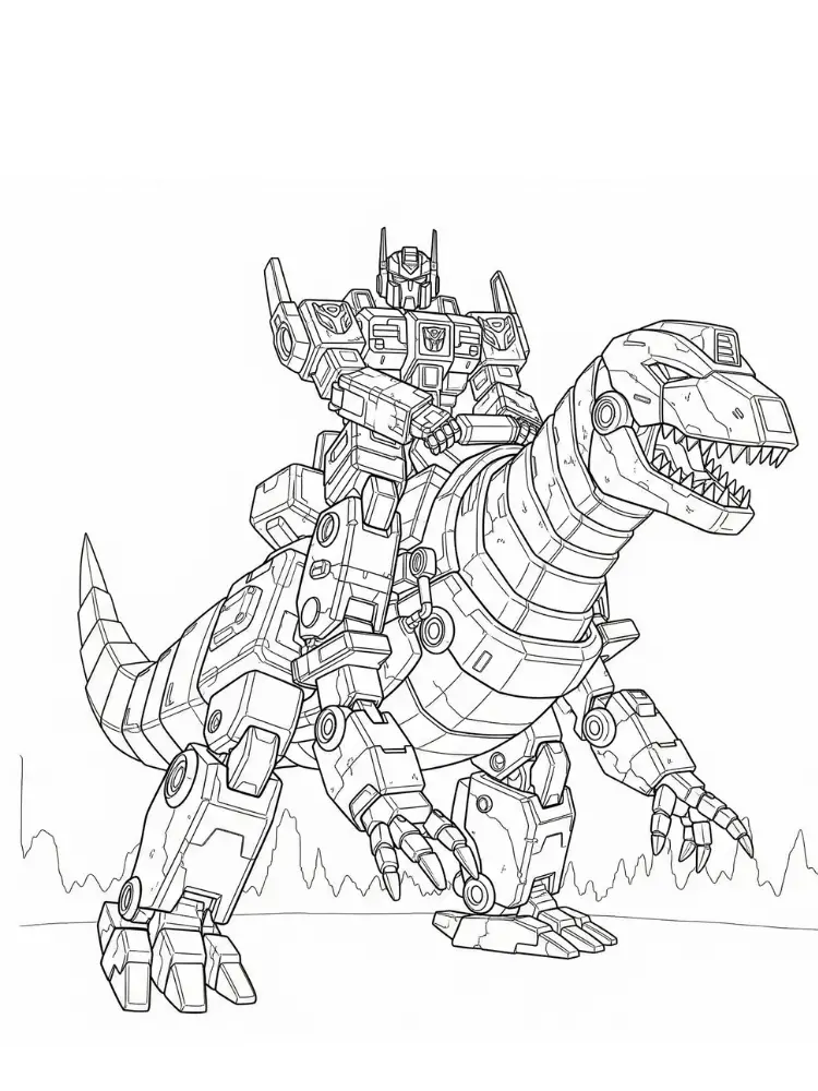 Kleurplaat Transformers 9 optimus prime rijdt op grimlock dinosaurus kleurplaat