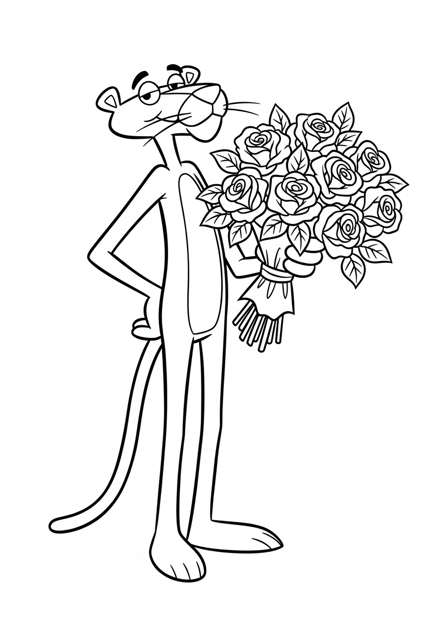 Pink Panther Kleurplaat 17 pink panther met bos rozen kleurplaat