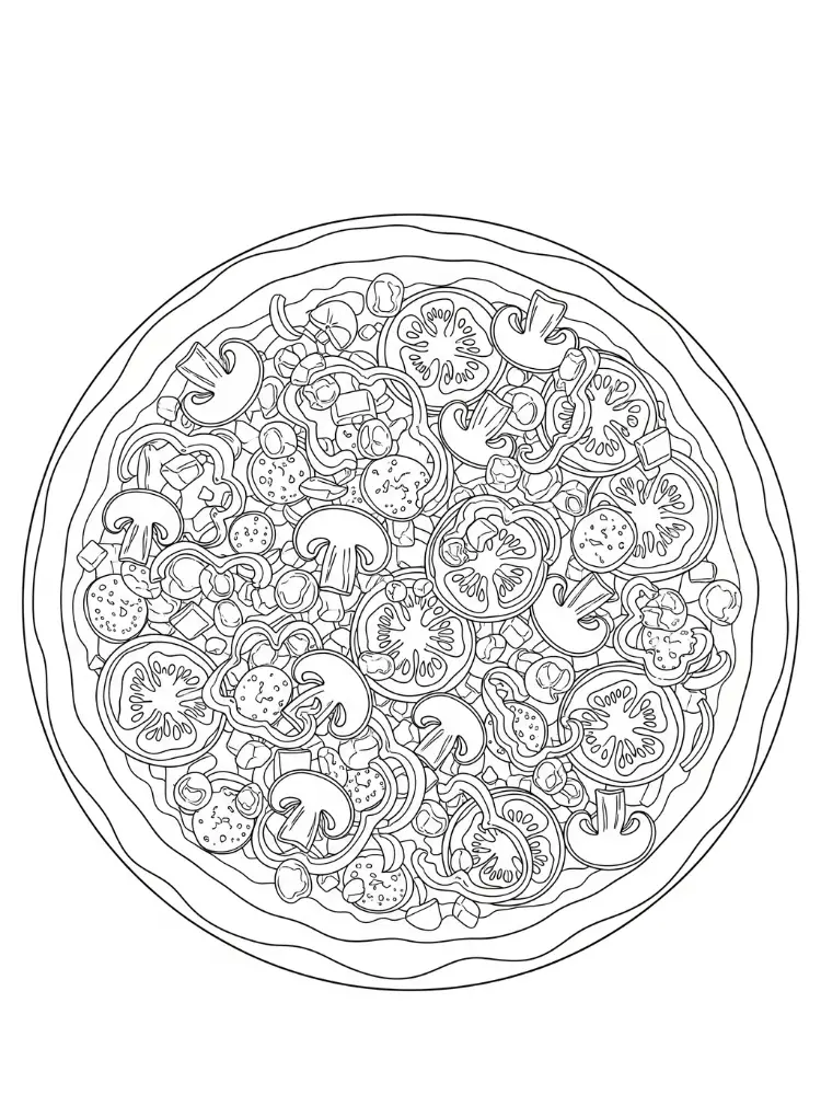 kleurplaat Pizza 18 pizza met veel groenten en kaas kleurplaat