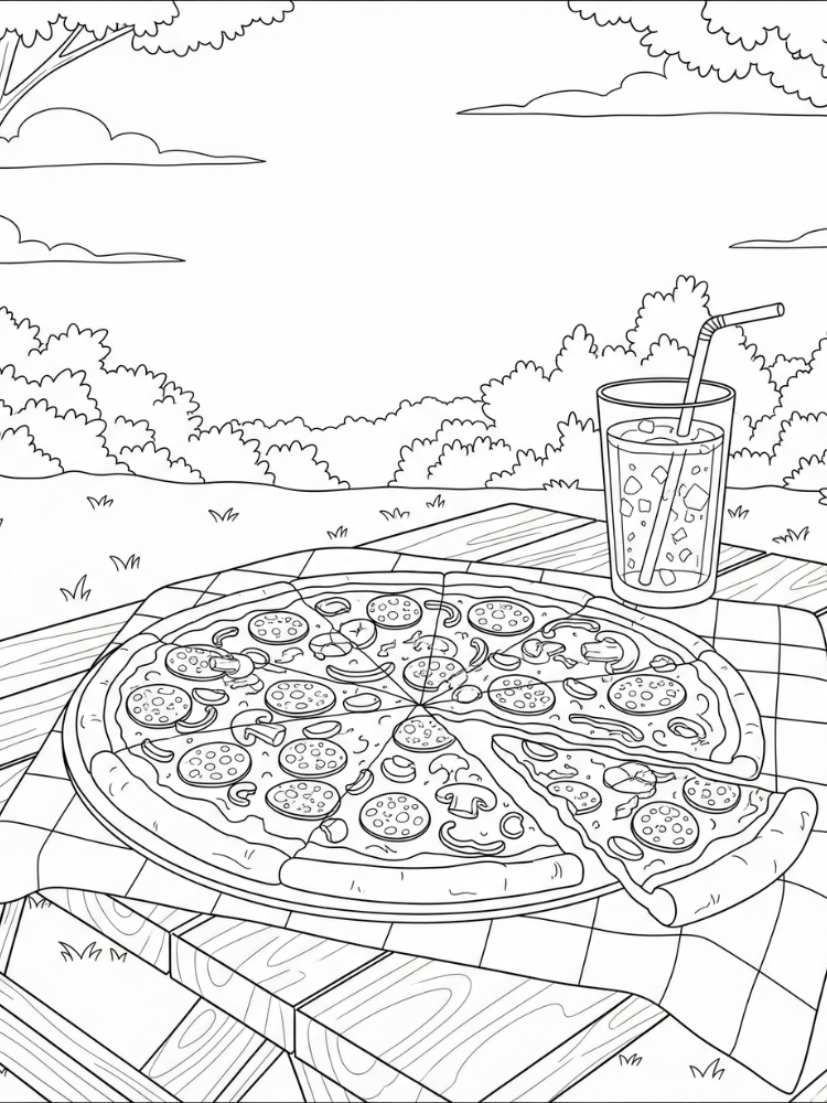 kleurplaat Pizza 16 pizza picknick met drankje kleurplaat