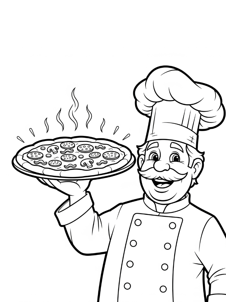 kleurplaat Pizza 22 pizzabakker met stoomende pizza kleurplaat