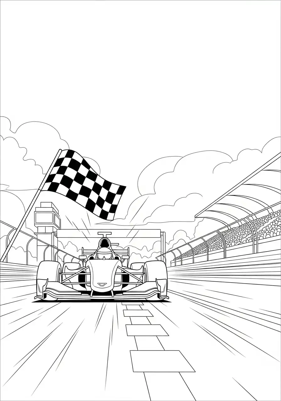 raceauto bij de finishlijn kleurplaat