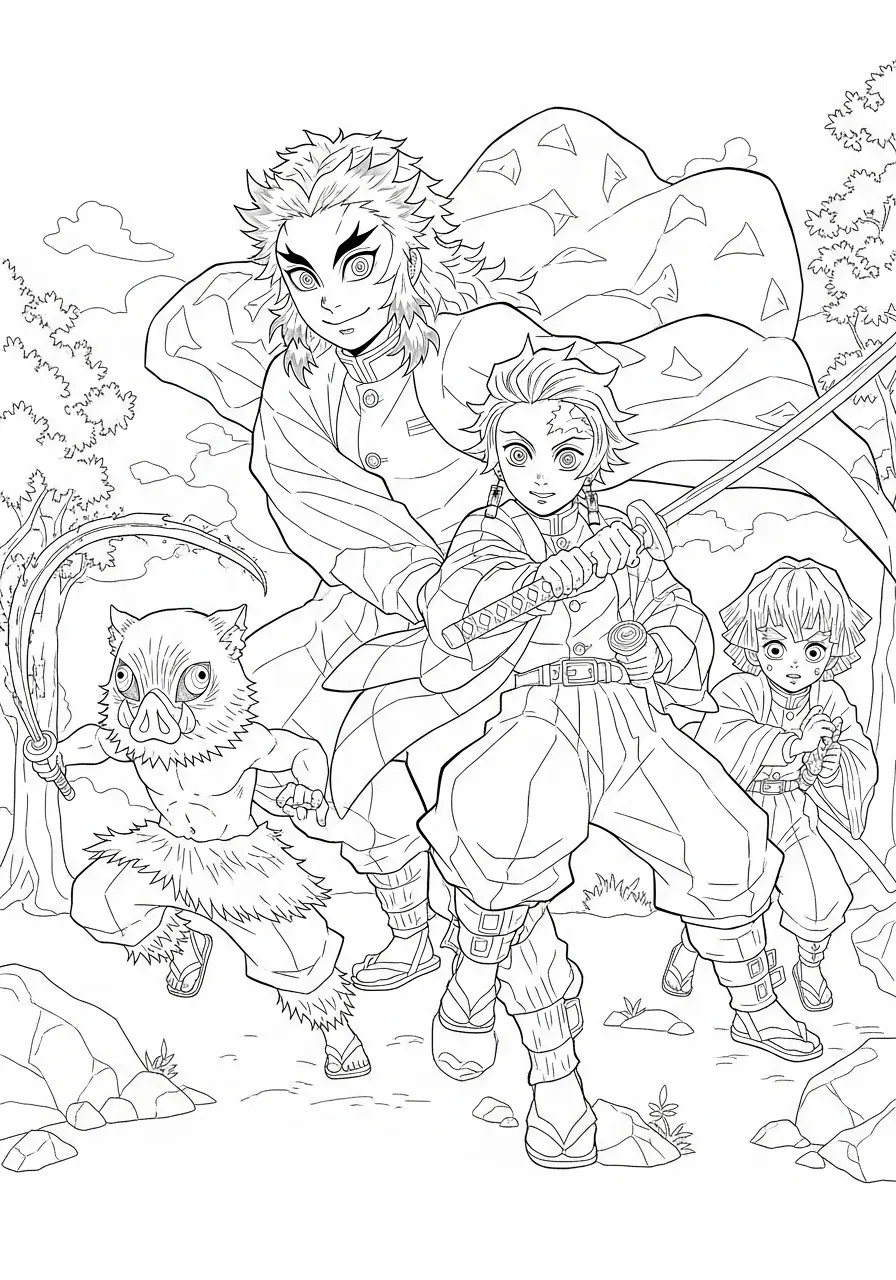 Kleurplaat Rengoku 10 rengoku en demon slayer team kleurplaat