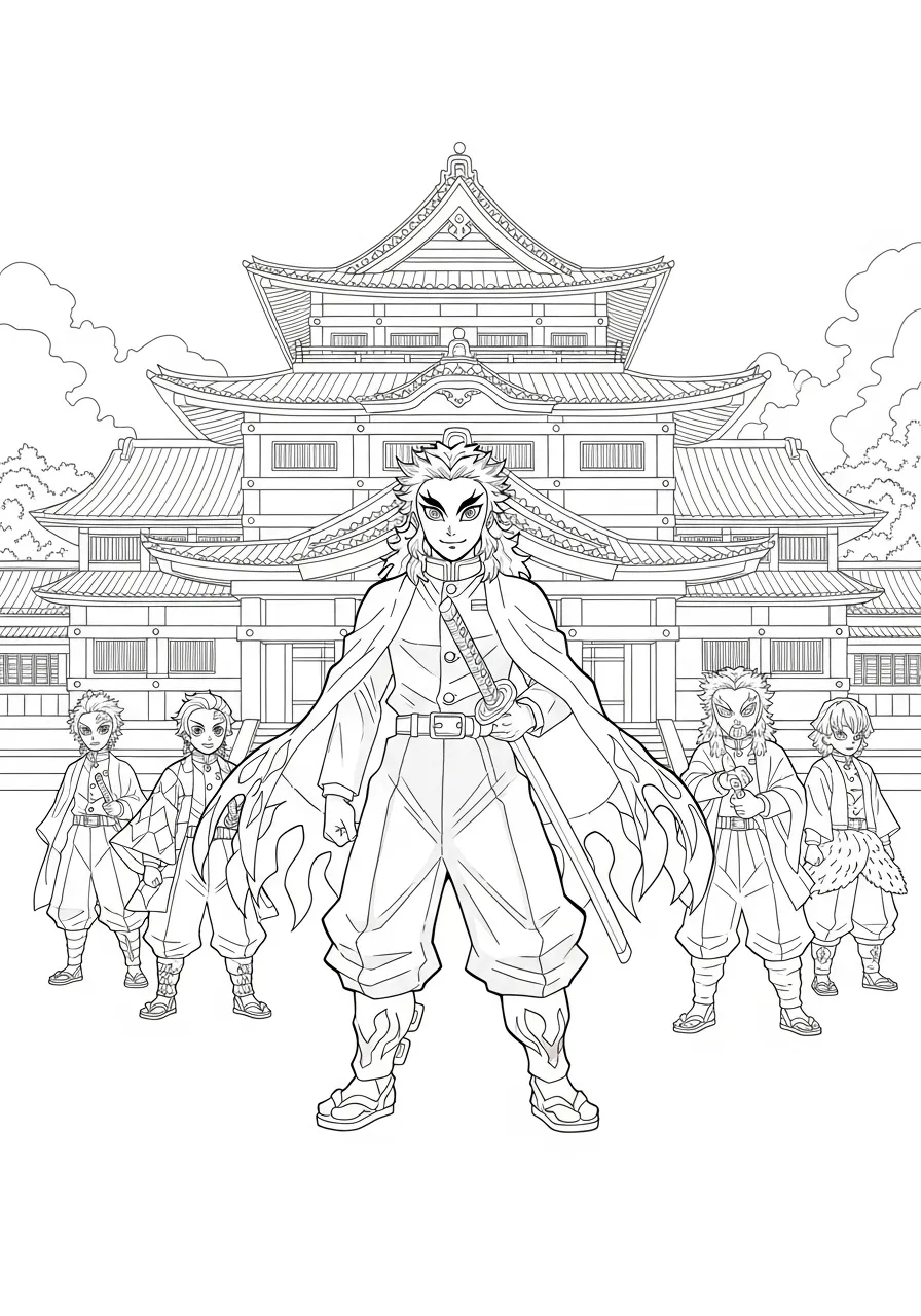 Kleurplaat Rengoku 11 rengoku en demon slayer team tempel kleurplaat