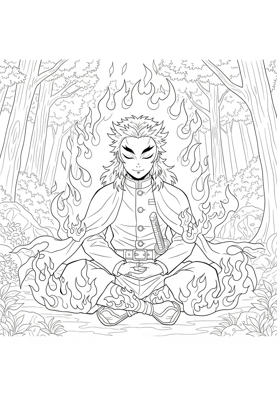 Kleurplaat Rengoku 12 rengoku meditatie in bos kleurplaat