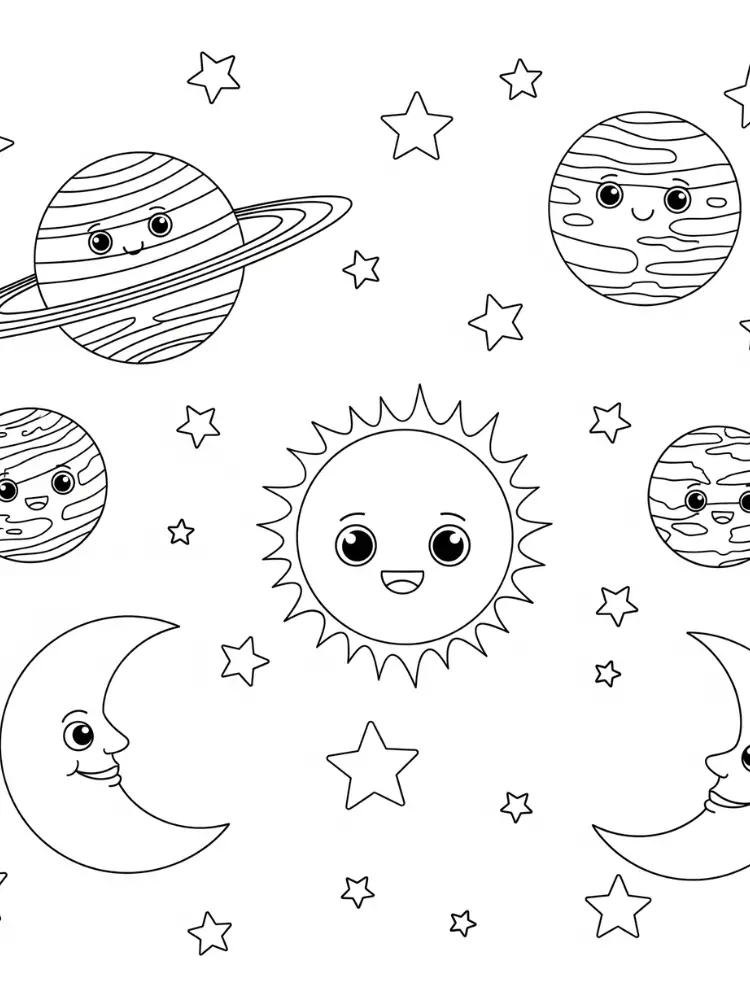 Kleurplaat Planeten 10 ruimtesprookje met zon maan en sterren kleurplaat