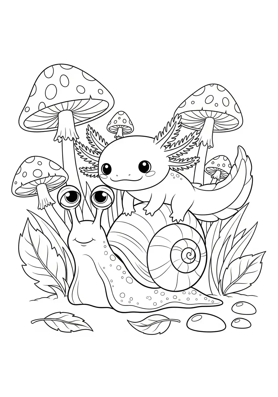 schattige axolotl op slak paddenstoel kleurplaat