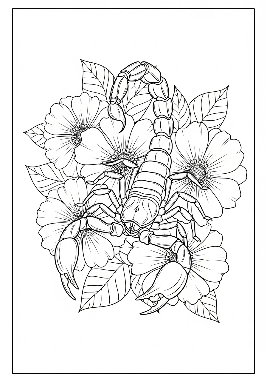 Kleurplaat Schorpioen 10 schorpioen met bloemen illustratie kleurplaat