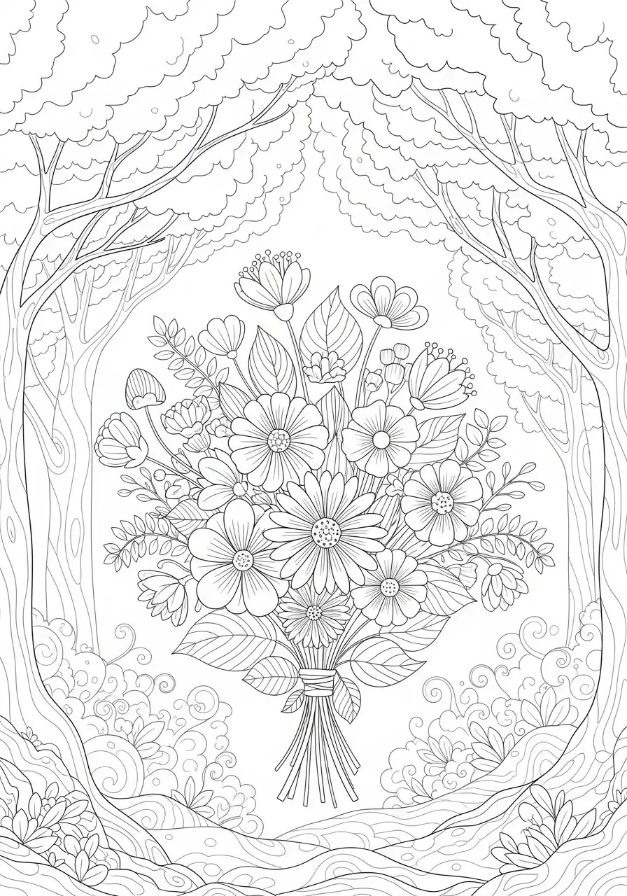 sprookjesachtig bosboeket kleurplaat