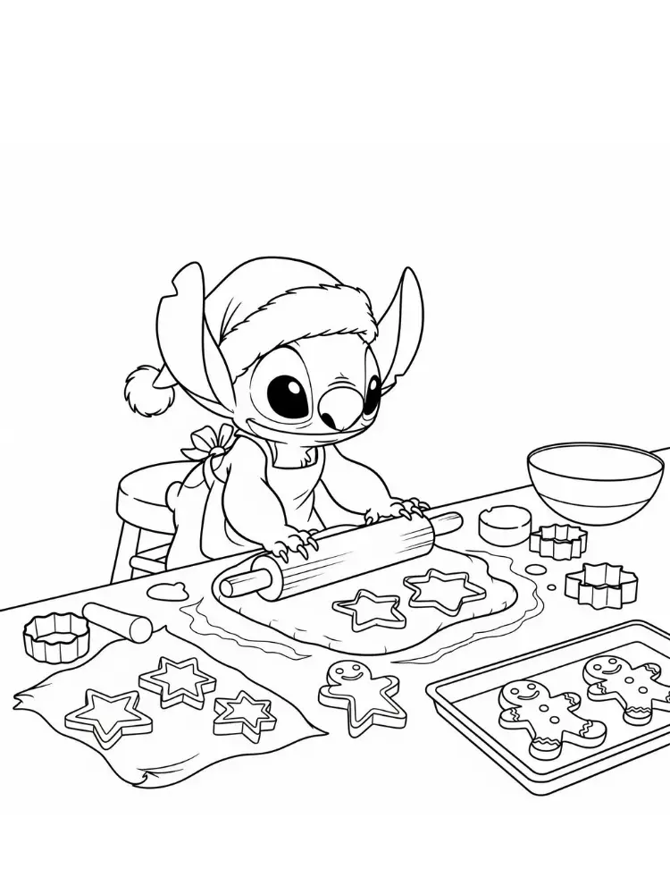 Kleurplaat Stitch Kerst 8 stitch bakt kerstkoekjes in keuken kleurplaat