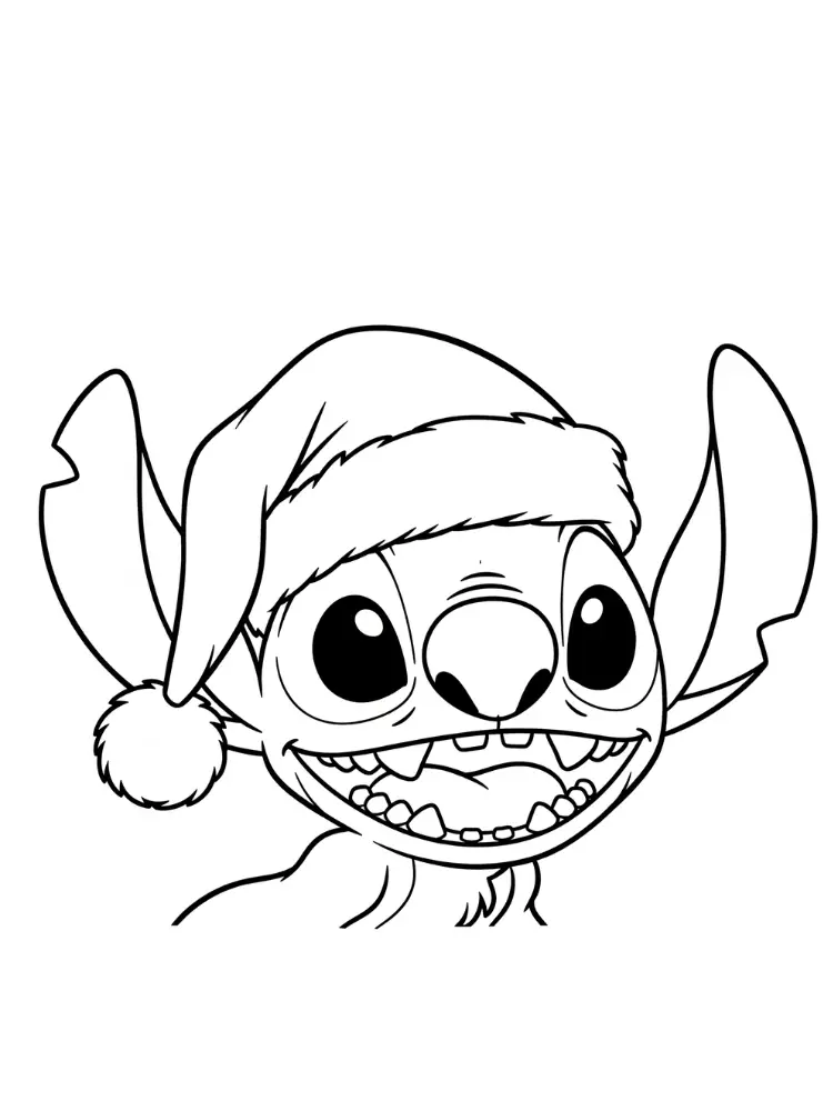 Kleurplaat Stitch Kerst 9 stitch draagt kerstmuts en lacht blij kleurplaat