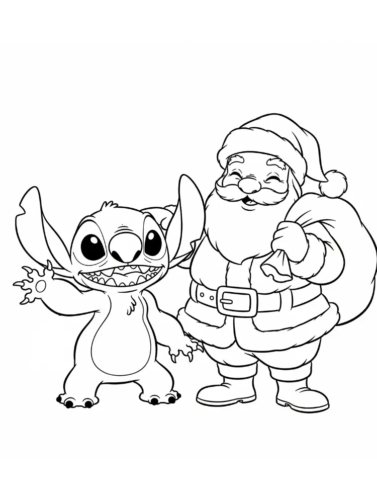 Kleurplaat Stitch Kerst 10 stitch en kerstman lachen samen kleurplaat
