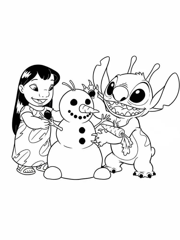 Kleurplaat Stitch Kerst 11 stitch en lilo maken sneeuwpop samen kleurplaat