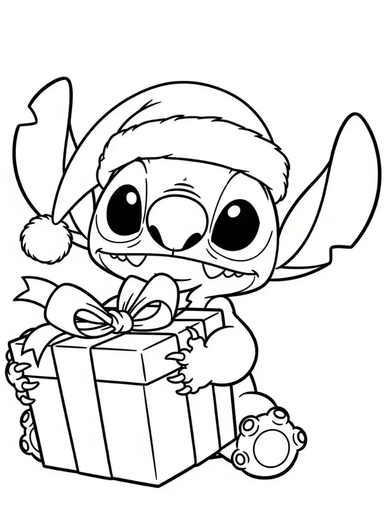 Kleurplaat Stitch Kerst 12 stitch houdt een groot kerstcadeau vast kleurplaat