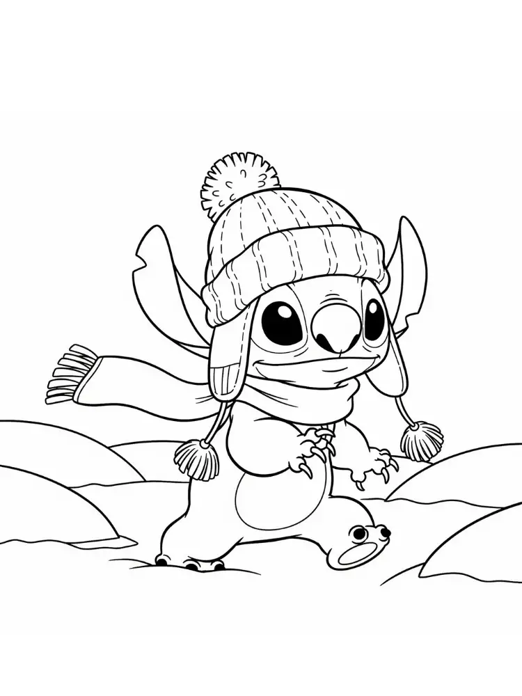 Kleurplaat Stitch Kerst 25 stitch loopt in sneeuw met wintermuts kleurplaat
