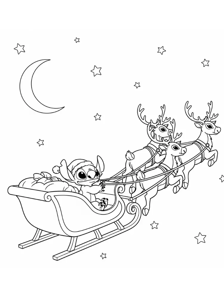 Kleurplaat Stitch Kerst 20 stitch rijdt kerstslee met rendieren kleurplaat