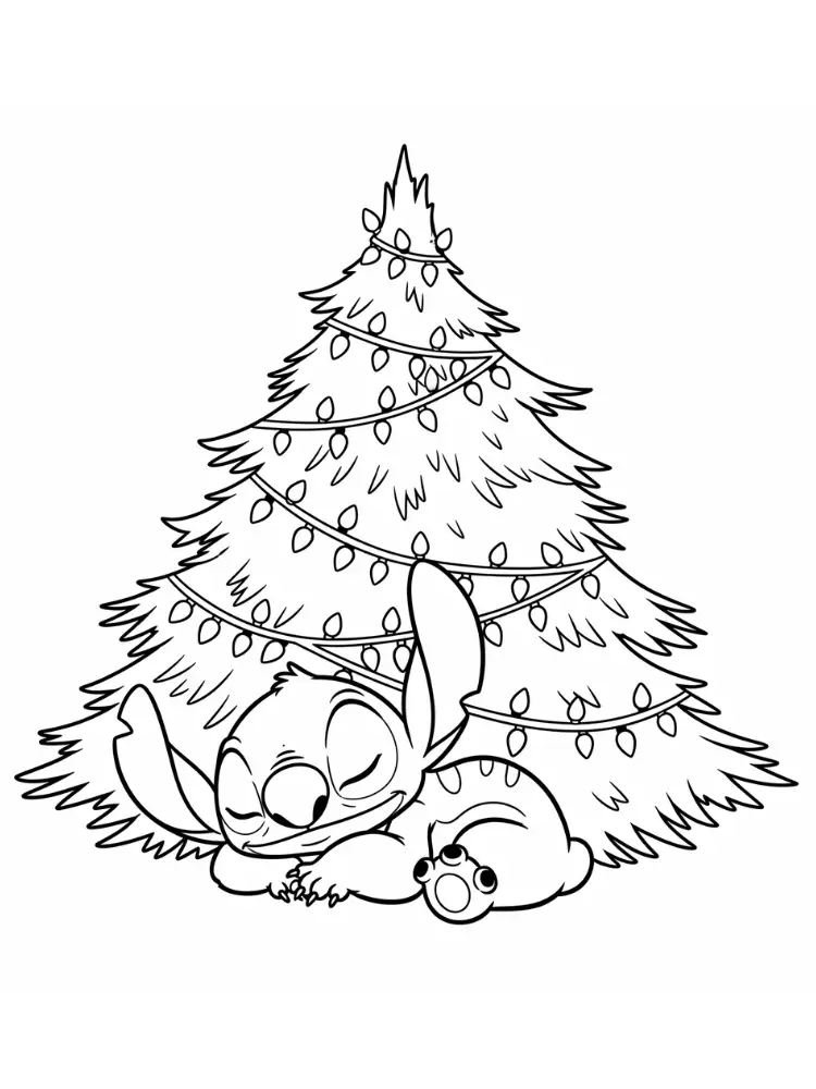 Kleurplaat Stitch Kerst 19 stitch slaapt onder verlichte kerstboom kleurplaat