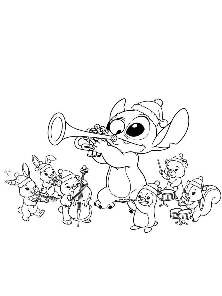Kleurplaat Stitch Kerst 18 stitch speelt kerstmuziek met dierenband kleurplaat