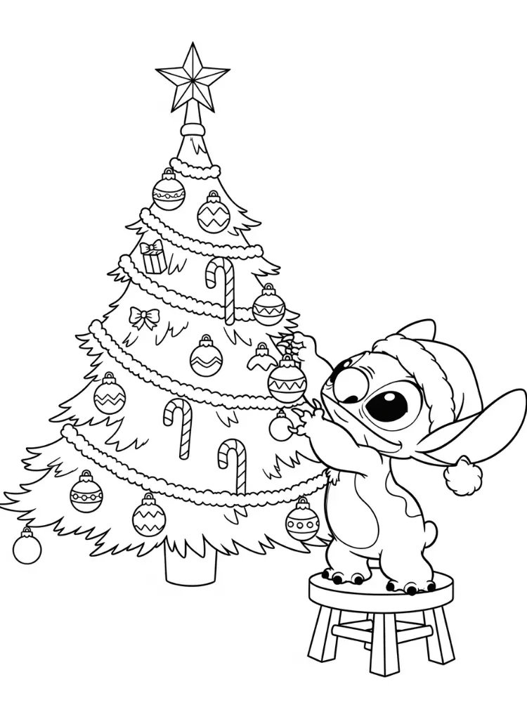 Kleurplaat Stitch Kerst 16 stitch versiert kerstboom met ornamenten kleurplaat