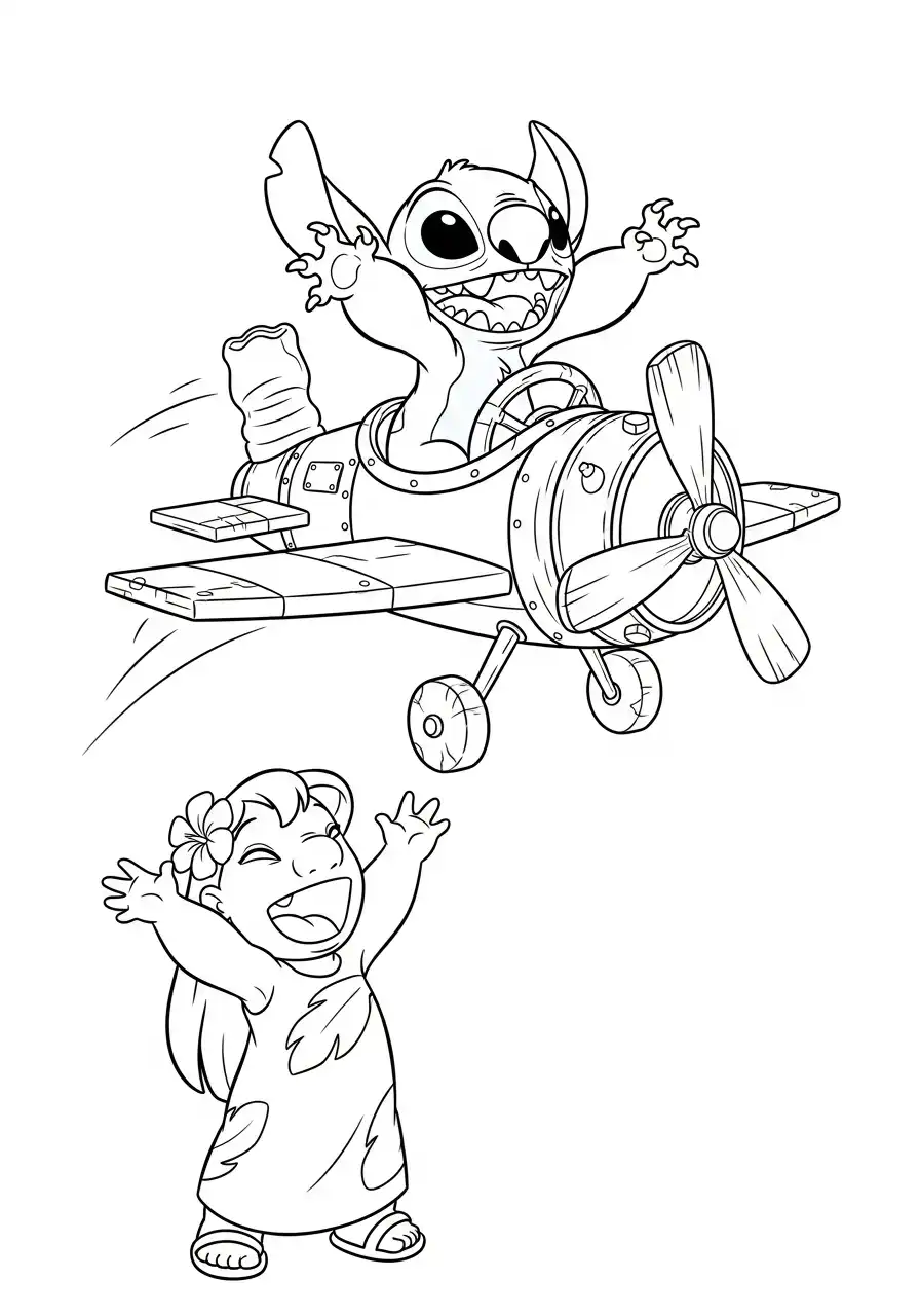 stitch vliegtuig piloot lilo kleurplaat