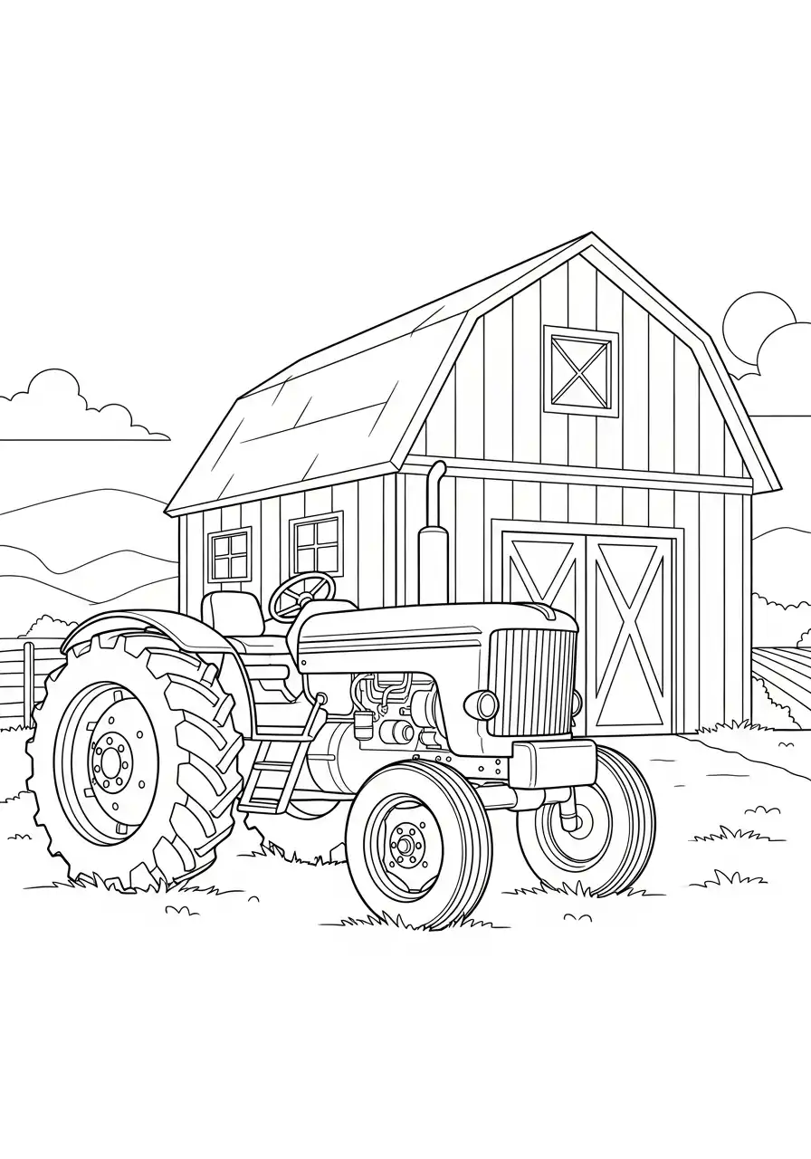 Kleurplaat trekker 9 tractor bij de boerderij kleurplaat