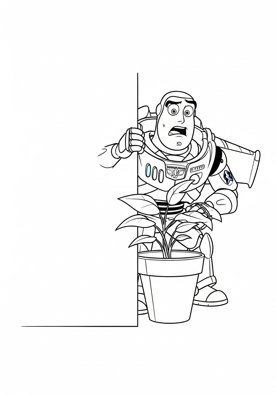 Buzz Lightyear kleurplaat 9 verrast achter de plant kleurplaat