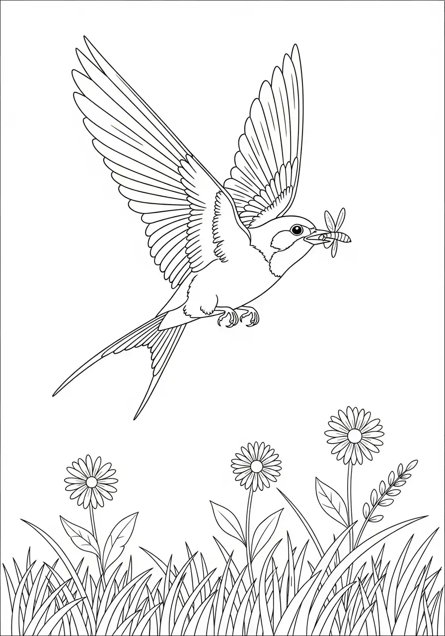 vliegende zwaluw met insect boven madeliefjes kleurplaat